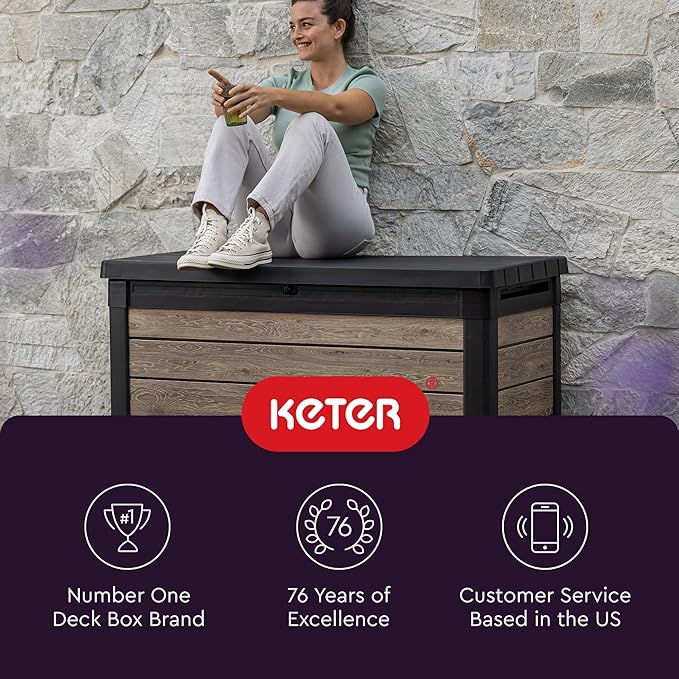 Keter Ashwood 100 Gallon Resin Deck Box Organization and Storage for Patio Furniture Outdoor Cushions, Throw Pillows, Garden Tools and Pool Toys, Brown - Image 11