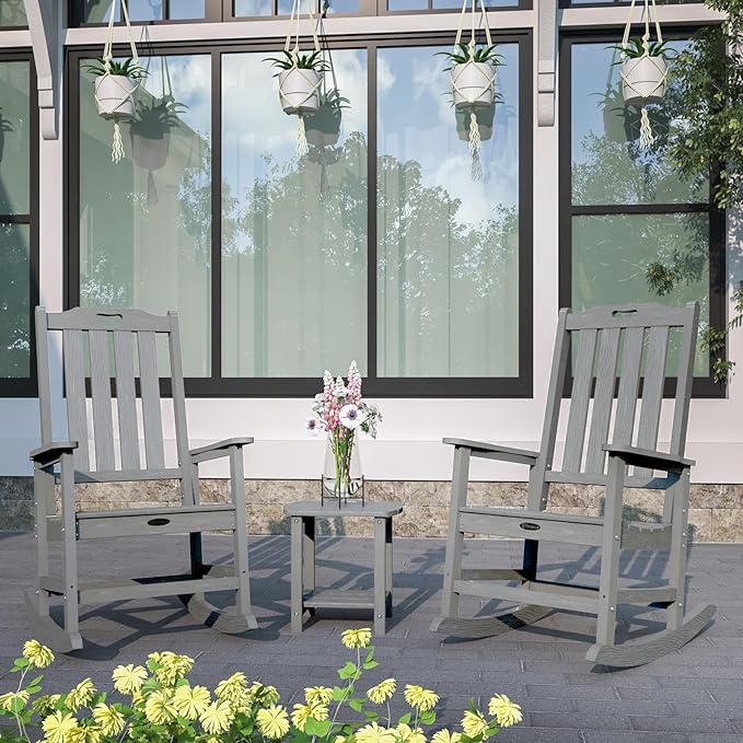 Oversized Rocking Chair Set of 4, Outdoor Rocking Chair for Adults, All Weather Resistant Porch Rocker for Lawn Garden, Grey - Image 2