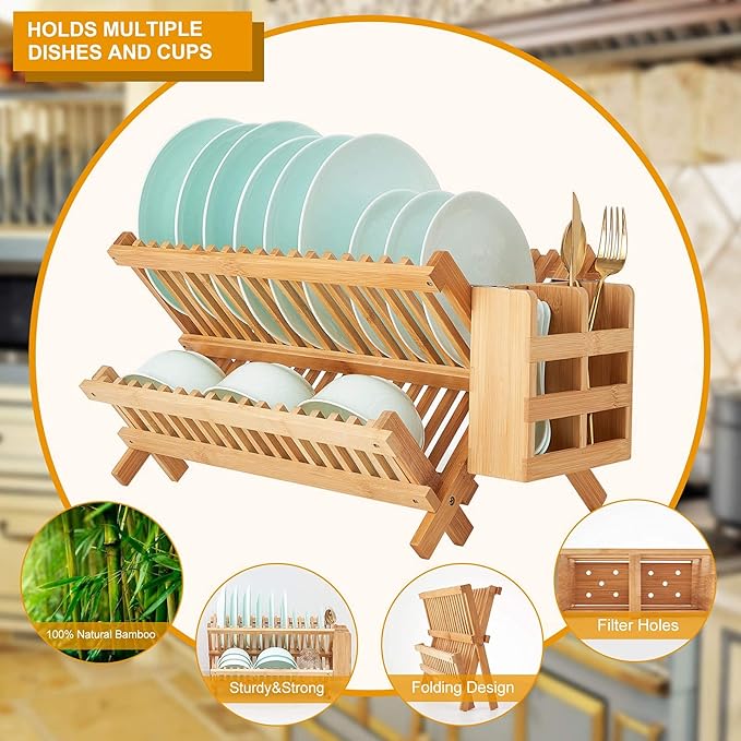 Bamboo Dish Drying Rack, 2 Tier Collapsible Dish Rack - Image 7