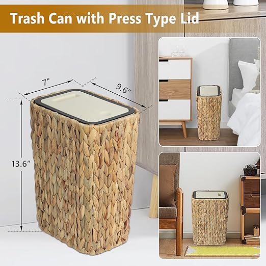 Boho Trash Can with Lid for Bathroom, 2.6 Gallon Small Rattan Garbage Can with - Image 2