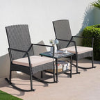Greesum 3 Pieces Patio Furniture Set Outdoor Wicker Rocking Chairs with Glass Coffee Table for Garden Backyard Porch Poolside, Beige - Image 3