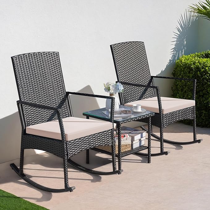 Greesum 3 Pieces Patio Furniture Set Outdoor Wicker Rocking Chairs with Glass Coffee Table for Garden Backyard Porch Poolside, Beige - Image 3