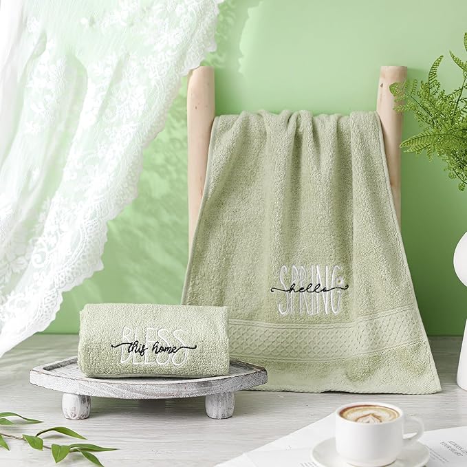 2 Pcs Hello Spring Hand Towels Gray Green Bathroom Decor 14x29 Inch 100% Cotton - Image 4