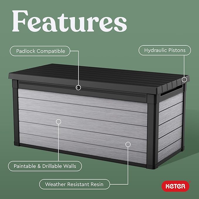 Keter Denali 150 Gallon Resin Large Deck Box with Double Wall 20mm Panels - Paintable and Drillable-Organization and Storage for Patio Furniture and Outdoor Items, Grey & Black - Image 3