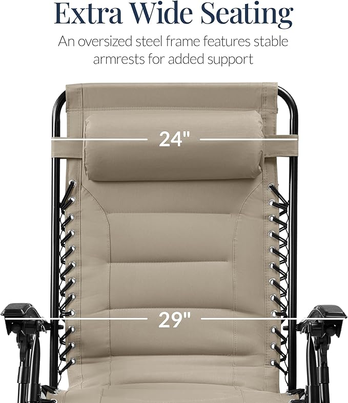 Best Choice Products Oversized Padded Zero Gravity Chair, Folding Outdoor Patio Recliner, XL Anti Gravity Lounger for Backyard w/Headrest, Cup Holder, Side Tray, Polyester Mesh - Dune - Image 3