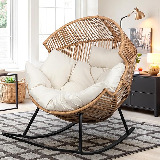 Vongrasig Wicker Rocking Egg Chair PE Rattan with Cushion, Oversized Patio Lounge Rocker Chair for Outdoor, Indoor, Livingroom, Backyard, Garden (Beige) by Vongrasig