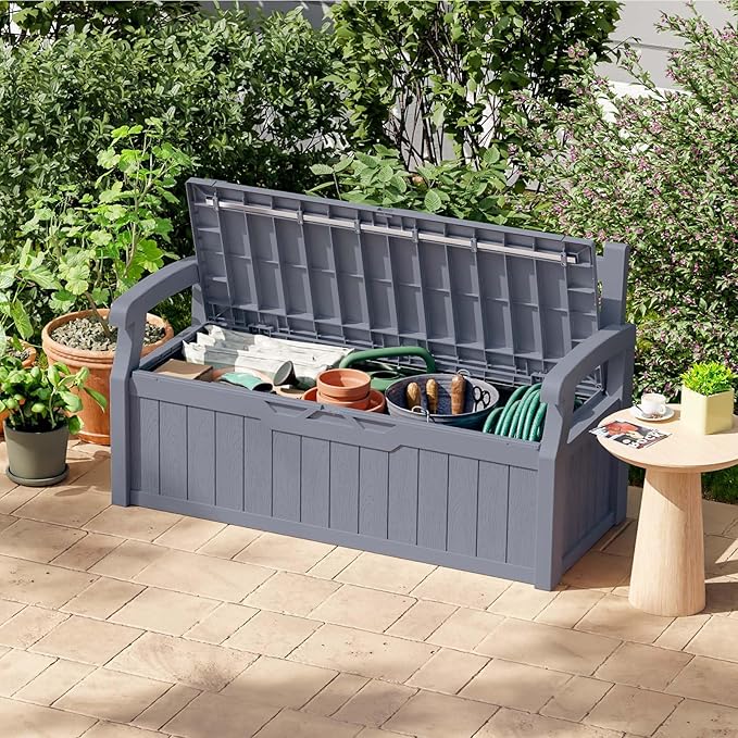 Patiowell 75 Gallon Plastic Storage Bench, Water-Resistant Deck Box for Patio Furniture, Garden Tools, Pool Storage and Outdoor Cushions, Grey - Image 2