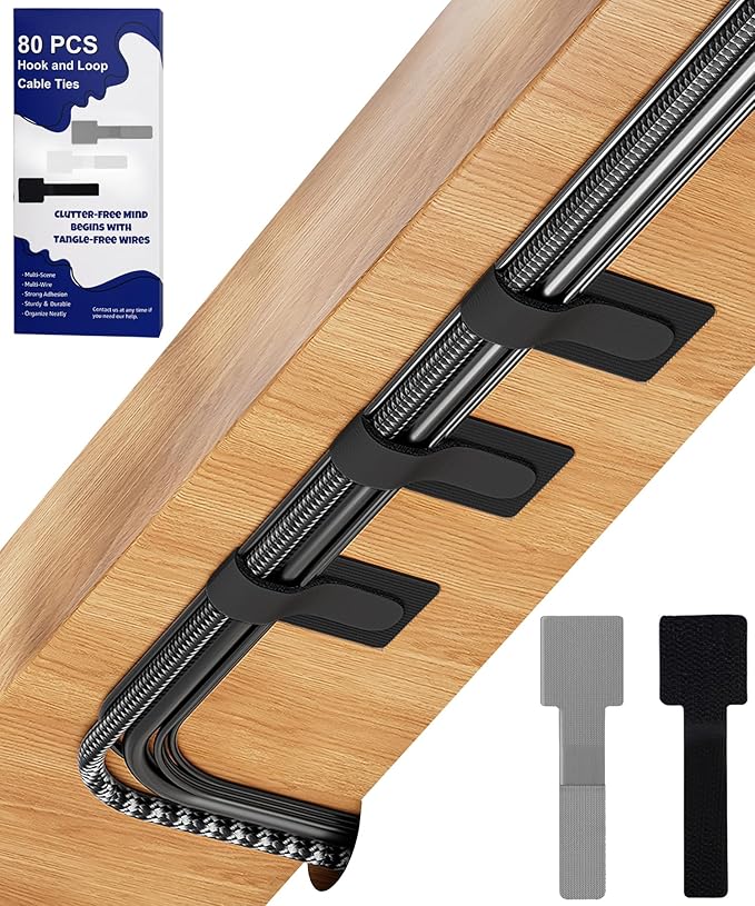 80PCS Hook and Loop Cable Ties, Hook and Loop Cable Straps, Under Desk Cable by BTPIEL
