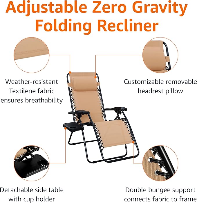 Amazon Basics Outdoor Textilene Adjustable Zero Gravity Folding Reclining Lounge Chair Set with Cup Holder, Side Table, Headrest, Weather-Resistant, 35 x 26 x 43 inches, Beige, 2-Pack - Image 5