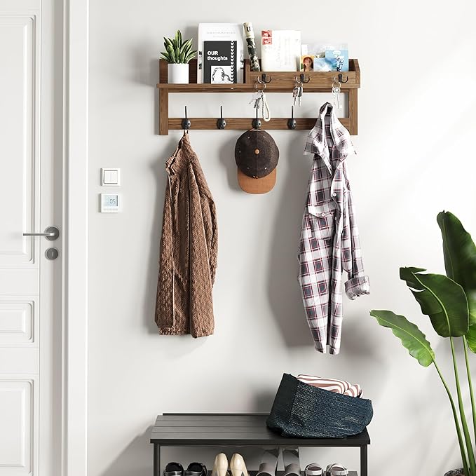 AMBIRD Wall Hooks with Shelf, 26.57 Inch Entryway Wood Coat Hooks - Image 4