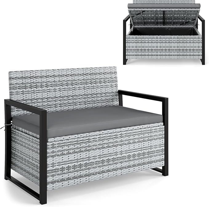 RELAX4LIFE Wicker Outdoor Bench with Storage - Rattan Deck Box w/Protective Liner for Pillows, Pool Supplies, Garden Tools, Patio Loveseat with Seat Cushion & Metal Armrests for Backyard Porch Balcony by RELAX4LIFE