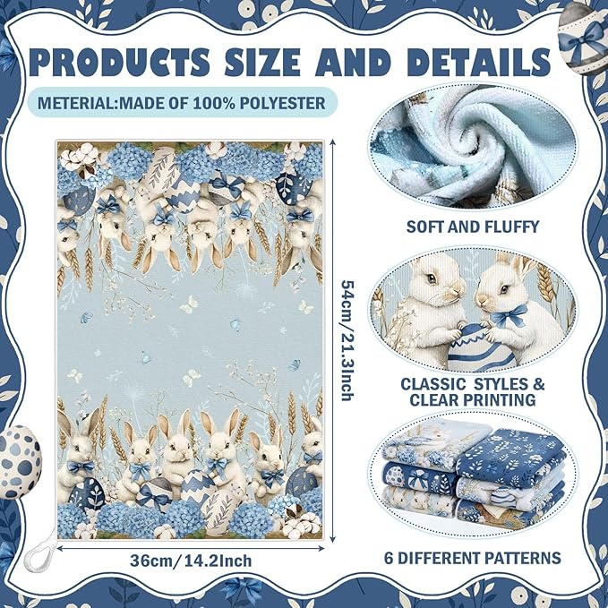 Breling Set of 6 Easter Decorations Easter Kitchen Towels Blue Rabbits Bunny - Image 2