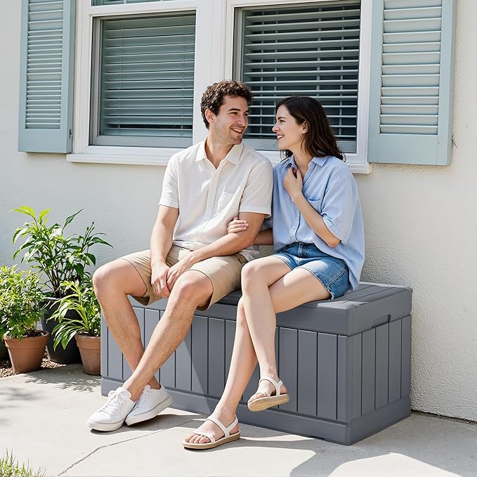 Devoko 78 Gallon Deck Box, Waterproof Resin Outdoor Storage Box for Outside and Patio, Outdoor Storage Bench Lockable for Patio Furniture, Garden Tools and Pool Supplies (Grey, 78 Gallon) - Image 3