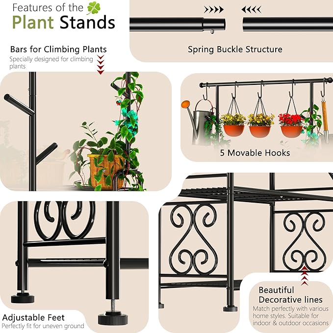 GIOTORENT Plant Stand Indoor Outdoor, 4-Tier Heavy Duty Metal Shelves, Display up to 17 Multiple Plants, Tall Plant Holder with Plant Hanger, Suit for Patio Living Room Garden Balcony, 5 Hooks, Black - Image 6