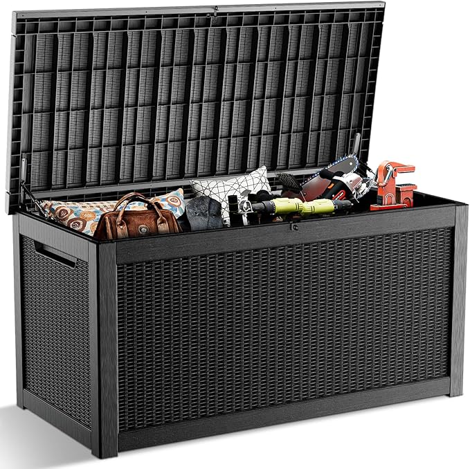 320 Gallon Outdoor Deck Box, Lockable Waterproof Outdoor Storage Boxes For Garden Tools,Indoor Cushions,Accessories Outside Storage Resin Weatherproof Container(Black) by MAIUSCOLI