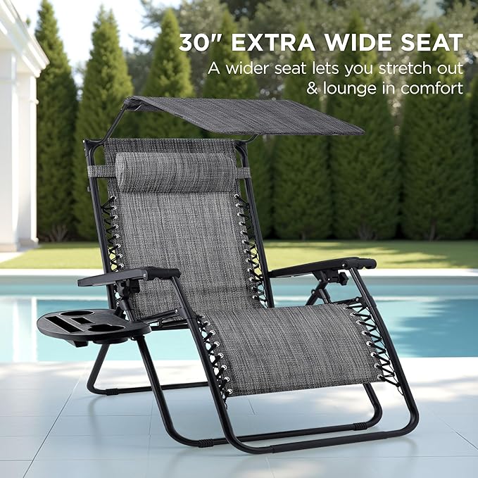 Best Choice Products 30” Wide Folding Zero Gravity Outdoor Recliner Patio Lounge Chair w/Adjustable Canopy Shade, Headrest, Side Accessory Tray - Gray - Image 3