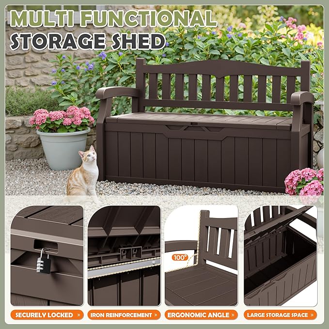 Homall 75 Gallon Outdoor Storage Benches Lockable Deck Box with Waterproof and UV Resistant, Waterproof Storage Box for Patio Furniture, Tools, Cushions (Brown) - Image 6