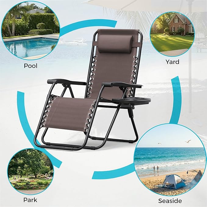 Homall Zero Gravity Chair Patio Folding Lawn Outdoor Lounge Gravity Camp Reclining Lounge Chair with Cup Holder Pillows for Poolside Backyard and Beach Set of 4 (Brown) - Image 6