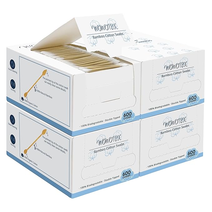 Bamboo Cotton Swabs 2400 Count/4 Box, One Pointed Tip and One Rounded Tip by WOWOTEX