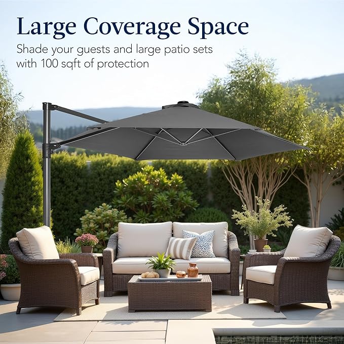 Best Choice Products 10ft Offset Cantilever Hanging Market Patio Umbrella, Smooth 360° Rotation, 8 Sturdy Ribs, Easy Adjustment - Gray - Image 4
