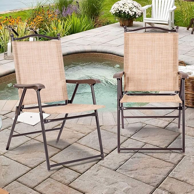 Giantex Set of 2 Patio Folding Chairs, Outdoor Patio Dining Chairs w/Armrest, Sling Back, Metal Frame, Outside Use for Lawn Camping Garden Pool Beach Yard Lounge, No Assembly, Yellow - Image 2