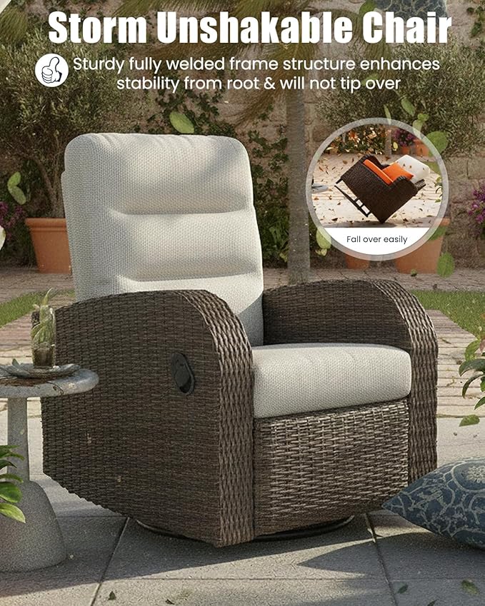 Outdoor Swivel Recliner Chair Set of 2, All-Weather Wicker Reclining Patio Chair with Adjustable Backrest and Footrest - Image 4