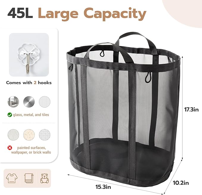 Mesh Laundry bag with Handles, 42L Collapsible Laundry Basket with 2 Hooks - Image 2