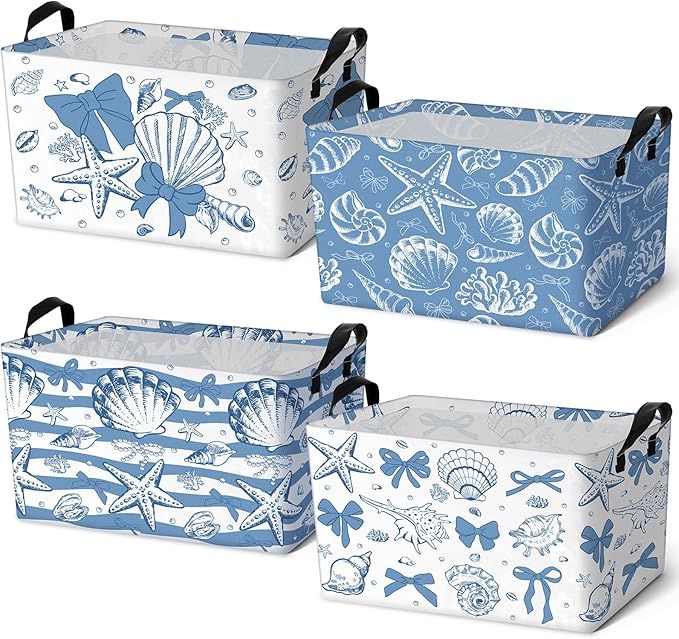 4 Pcs Coastal Beach Storage Basket Fabric Laundry Baskets by Bulyoou