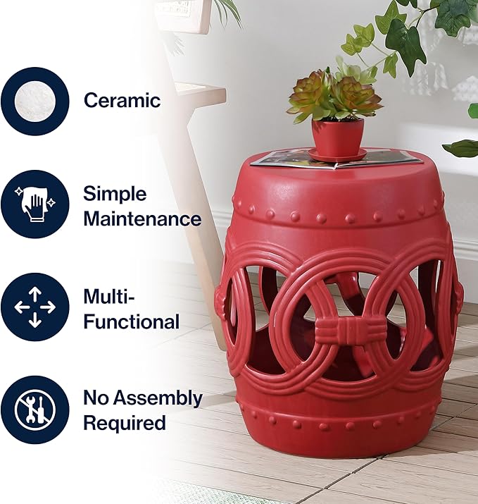 JONATHAN Y TBL1022C Lucky Coins 16" Chinese Ceramic Drum Indoor/Outdoor Garden Stool Bohemian, Coastal, Cottage, French Country, Traditional, for Living Room, Garden Room, Patio, Matte Red - Image 5