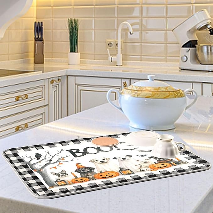 Halloween Dogs Dish Drying Mat for Kitchen Countertop 18x24 Raven Bat Pumpkin - Image 6