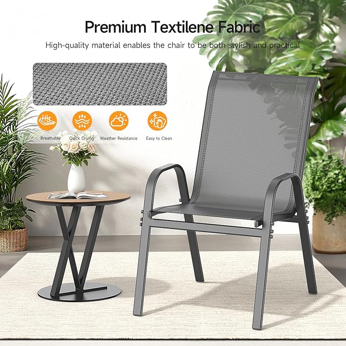 ONBRILL Patio Chairs set of 2, Easy Assembly Stackable Outdoor Dining Chairs with Wide Seat and Sturdy Metal Frame, Breathable All Weather Textilene Outdoor Chairs Set of 2 for Deck, Pool, Porch, Grey - Image 8