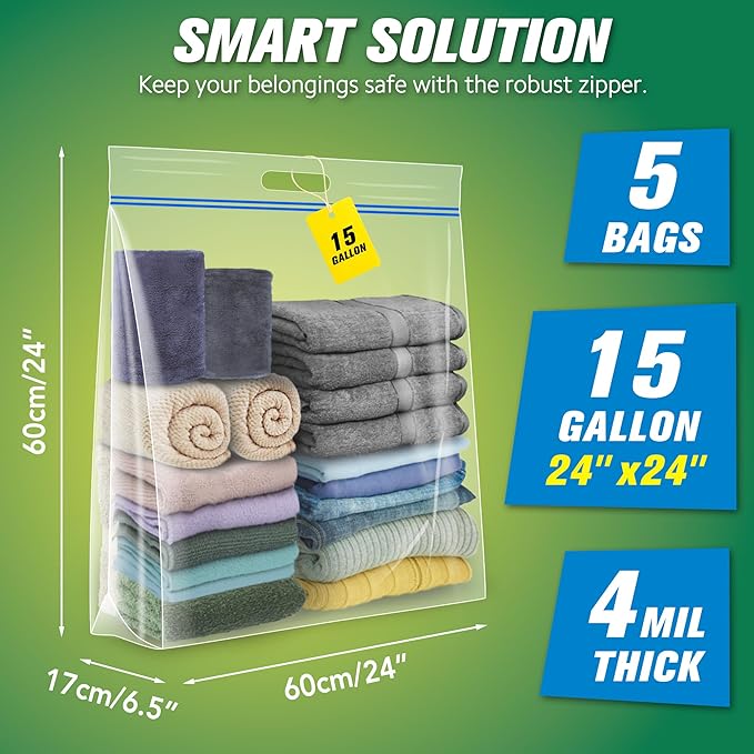 HIBAG 15 Gallon Large Storage Bags, 24” x 24” Resealable Clear Bags - Image 2