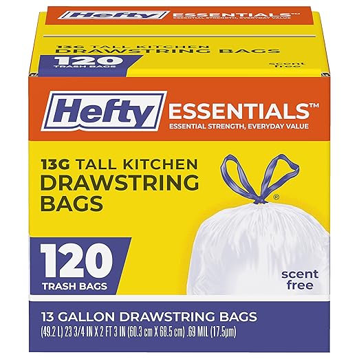 Hefty Essentials Drawstring 13 Gallon Kitchen Trash Bags, Tall Unscented Trash by Hefty
