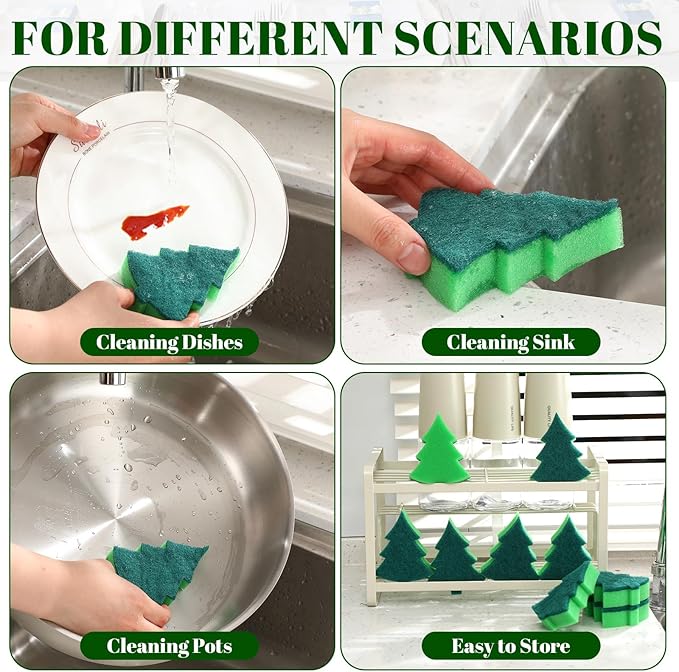 Tioncy 12 Pack Christmas Tree Kitchen Sponges Bulk Dual Sided Scrubber Sponges - Image 4