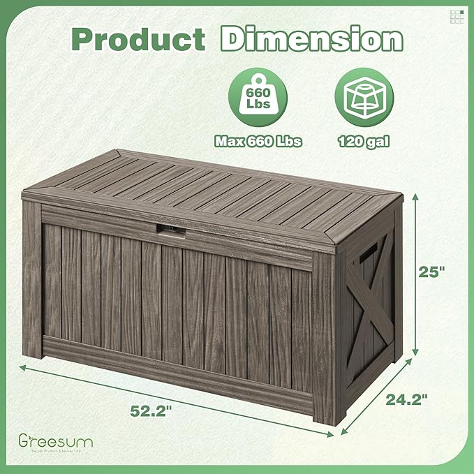 Greesum Outdoor Storage Box 120 Gallon Storage Bin with Lid for Patio Furniture, Garden Tools, Pool Supplies, Lockable, Waterproof and UV Resistant, Coffee - Image 4