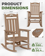 Oversized Rocking Chairs Outdoor Set of 2, High Back Porch Rocking Chair, HDPE All Weather Resistant Patio Chairs, 380lbs Weight Capacity, Teak - Image 3