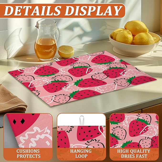 Strawberries Dish Drying Mat for Kitchen Counter Microfiber Absorbent Dish - Image 3