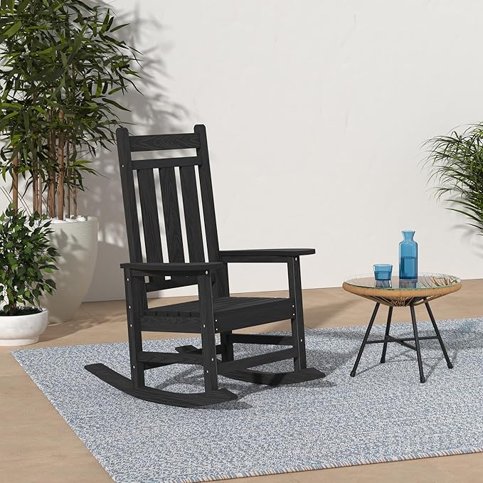 KINGYES Oversized Outdoor Rocking Chair, All-Weather Patio Rocking Chairs for Porch, HDPE Outdoor Patio Rockers with High Back & Wide Seat for Garden, Lawn, Black - Image 2
