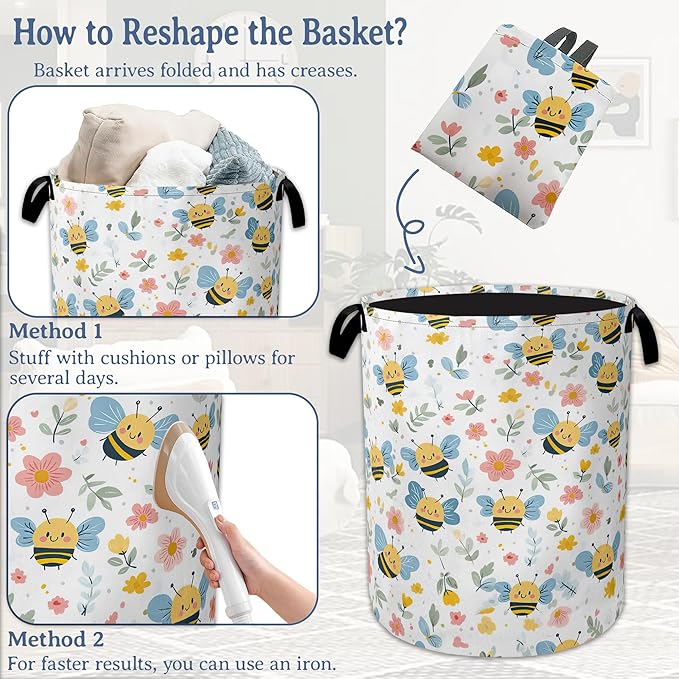 Cute Bee Laundry Basket, Foldable Oxford Cloth Pink Flowers Laundry Hamper - Image 6