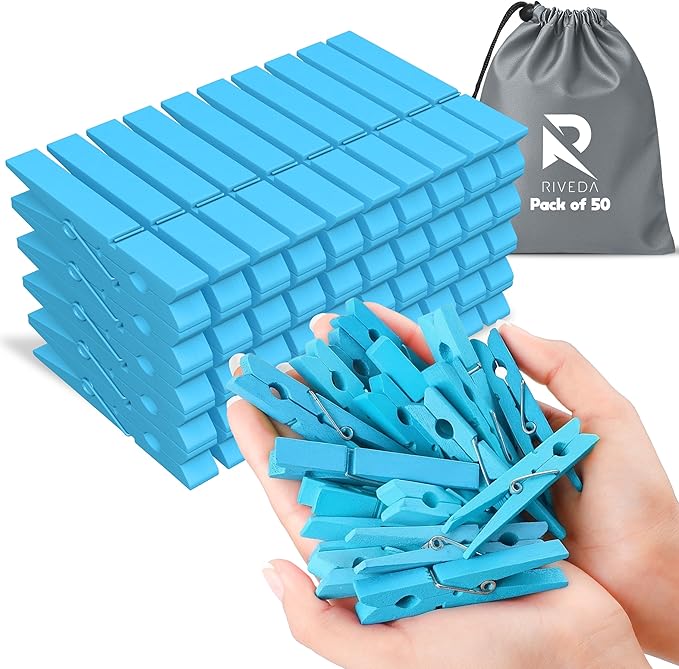 RIVEDA 50pcs Colored Wooden Clothes Pins, Clothespins by RIVEDA