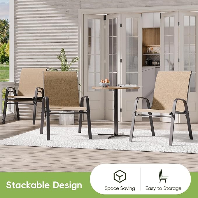 Patio Chairs Set of 4, Outdoor Dining Chairs Stackable for All Weather, Breathable Metal Modern Outside Furniture Chair for Pool Side, Garden, Backyard Deck, Brown - Image 5