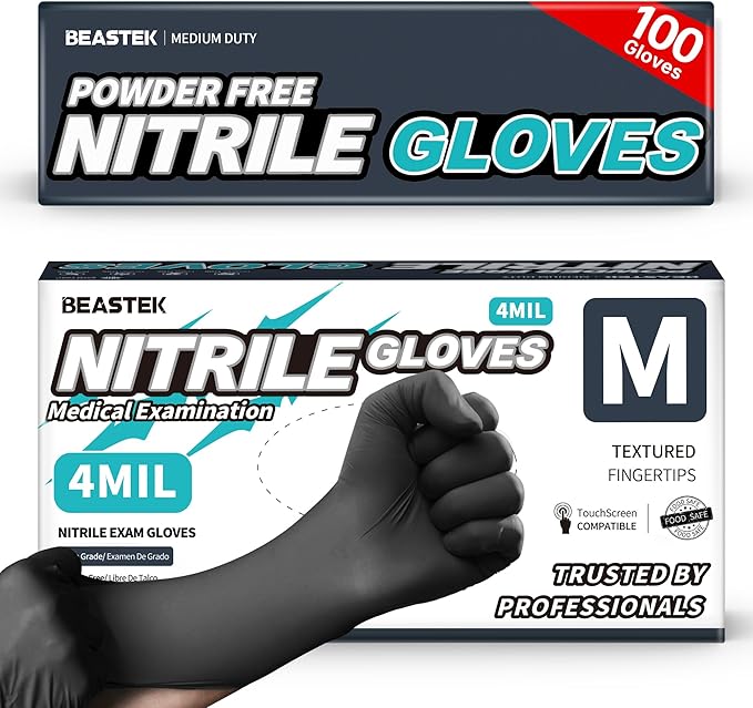 Beastek Black Disposable Nitrile Exam Gloves 100 Pcs 4Mil Chemical Resistant by Beastek