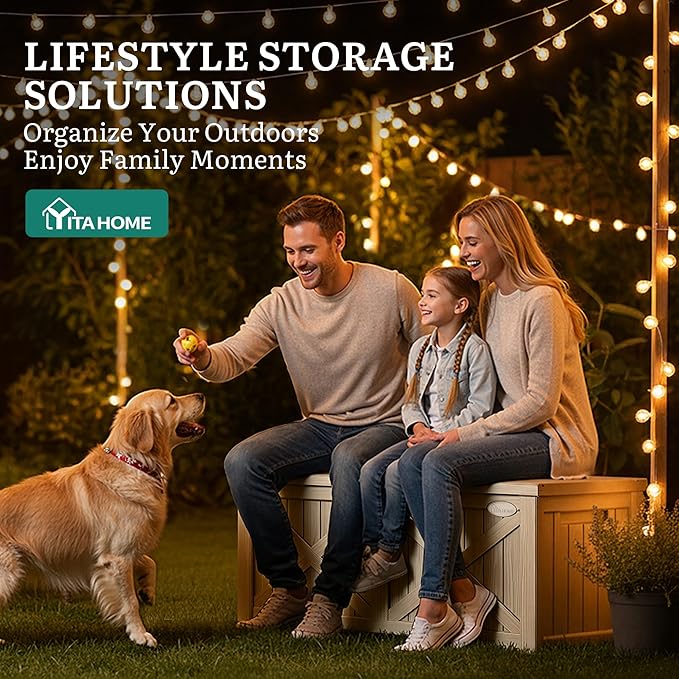 YITAHOME 150 Gallon Large Deck Box with X-Shaped Front, Resin Outdoor Storage Boxes, Waterproof Cushion Storage Bench for Patio, Pool Supplies, Garden Tools - Lockable, Taupe - Image 6