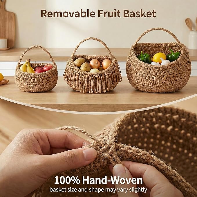 3 Tier Hanging Fruit Basket, Jute Wall Baskets Removable, Portable Produce - Image 3