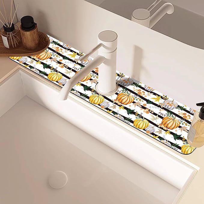 Thanksgiving Sink Faucet Absorbing Mat Autumn Pumpkin Floral Absorbent Fast - Image 2