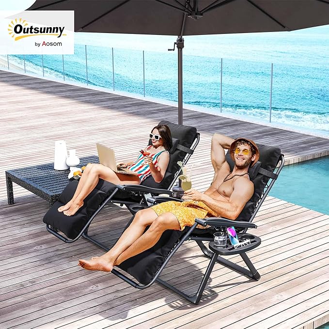 Outsunny Zero Gravity Chairs Set of 2, Reclining Folding Zero Gravity Lounge Chair, Outdoor Lounge Chairs with Removable Cushion, Headrest, and Cup Phone Holder Tray for Patio, Beach, Black - Image 2