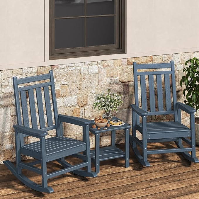 GarveeLife Poly Lumber Rocking Chair Outdoor Set of 2 with Side Table - HDPE High Back Porch Rocker Chairs for Adults - All Weather Resistant Furniture for Patio - Navy Blue by GarveeLife