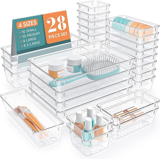 28 PCS Clear Plastic Drawer Organizers Set, 4 Size Desk Drawer Organizer Trays by StorMiracle