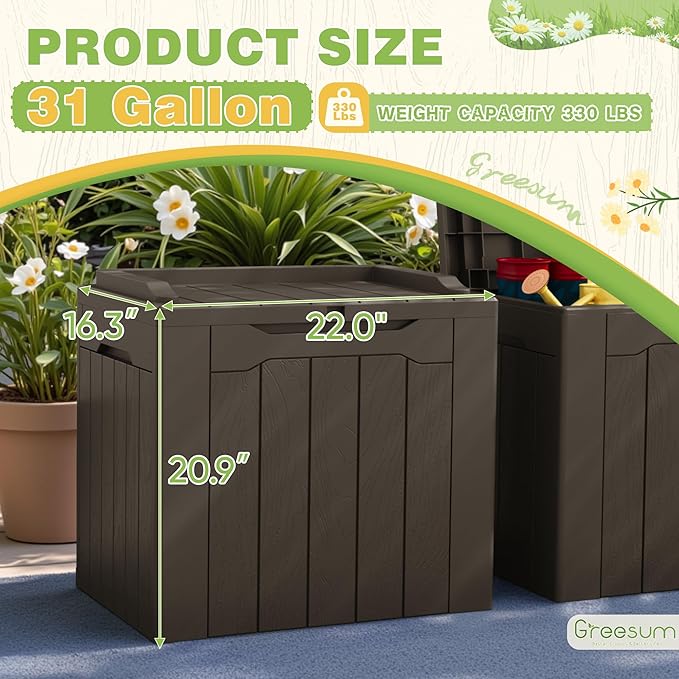 Greesum 31 Gallon Deck Box for Outside, All Weather Outdoor Storage Boxes for Patio Furniture Set, Package Delivery Box, Garden Tools, Brown(Set of 2) - Image 7