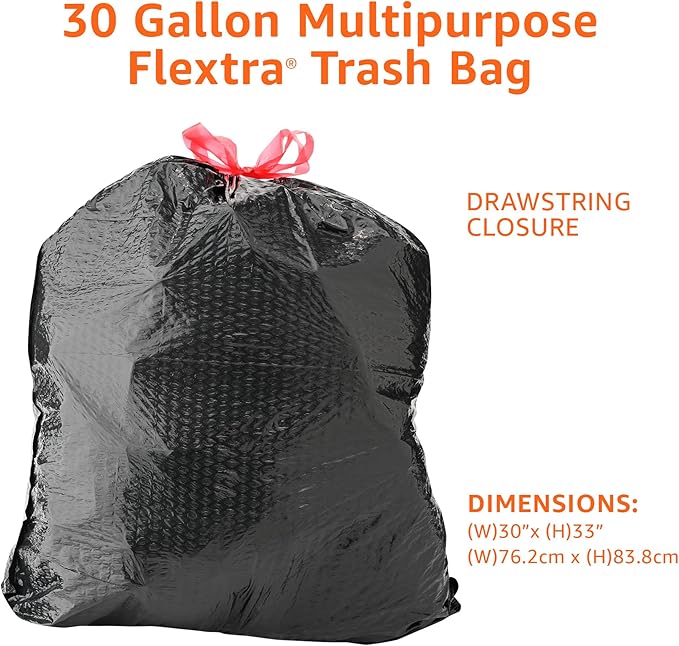 Amazon Basics Flextra Multipurpose Drawstring Trash Bags, 30 Gallon, Tear - Image 3